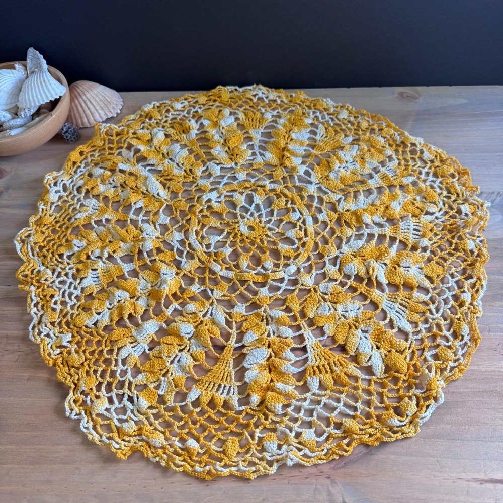 Vintage 20" round crochet doily Marigold and cream color Cottage Boho Handmade